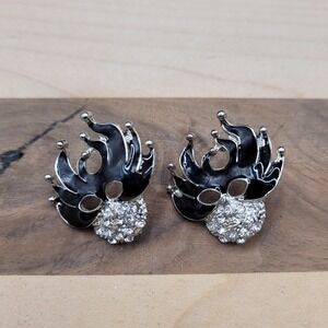 Vintage Black Enamel And Rhinestone Mask Earrings Mardi Gras Carnivale Jester